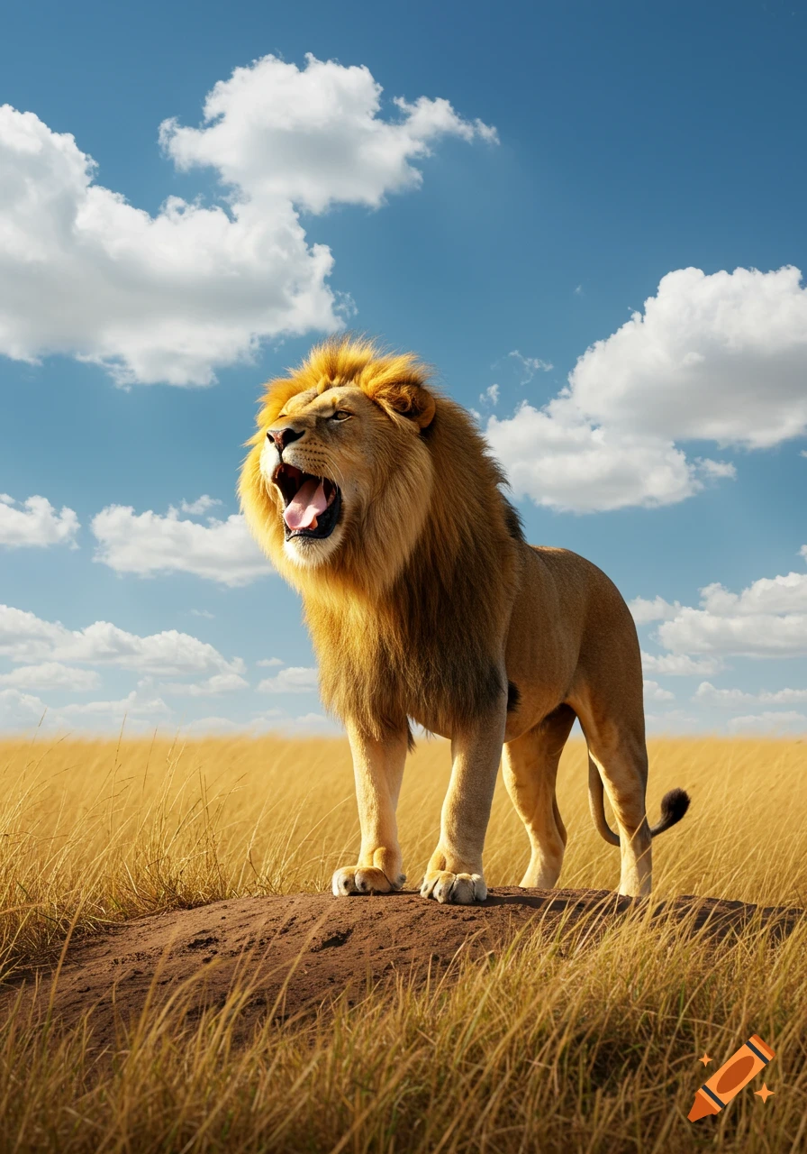 A majestic lion with a golden mane roars on a grassy mound in a sunlit savanna under a blue, cloudy sky.