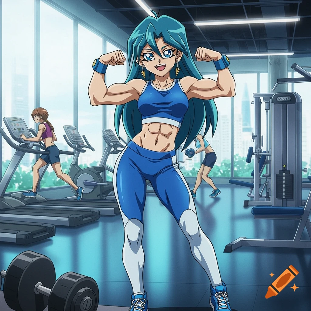 Anime woman with blue hair in blue gym clothes flexing muscles in a modern gym with other people exercising.
