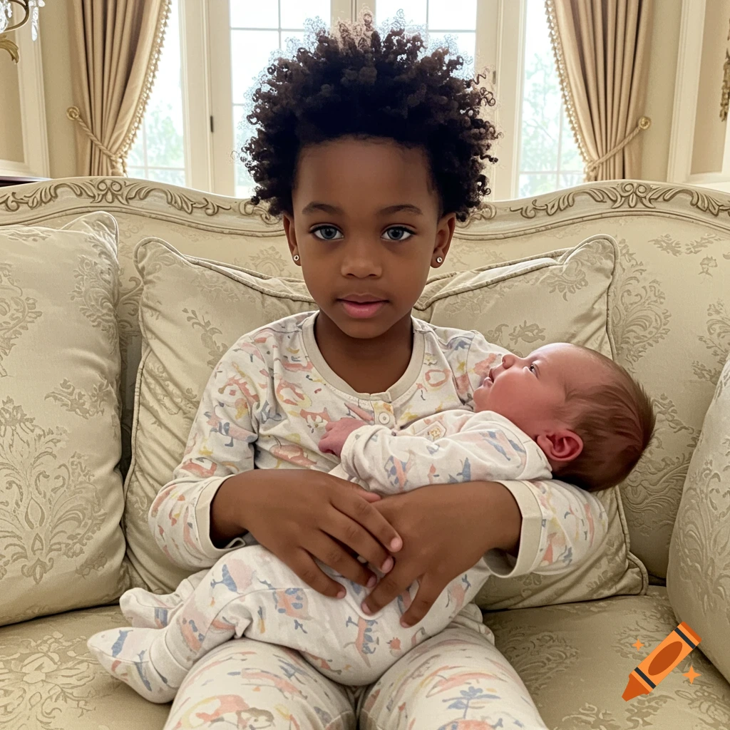 A young girl with curly dark hair holds a newborn baby while sitting on an ornate couch in a grand room.