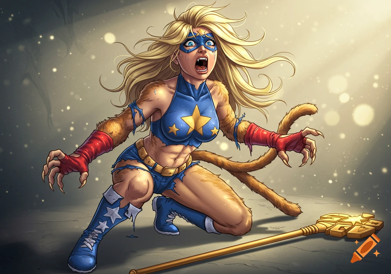 Stargirl undergoes a painful werecat transformation, with fur, fangs, and claws emerging, in a comic book art style.