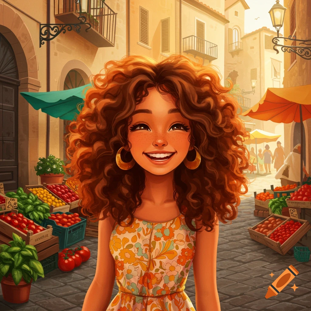 Smiling curly-haired girl in a floral dress in a vibrant illustration of an Italian market street with fruit stalls.