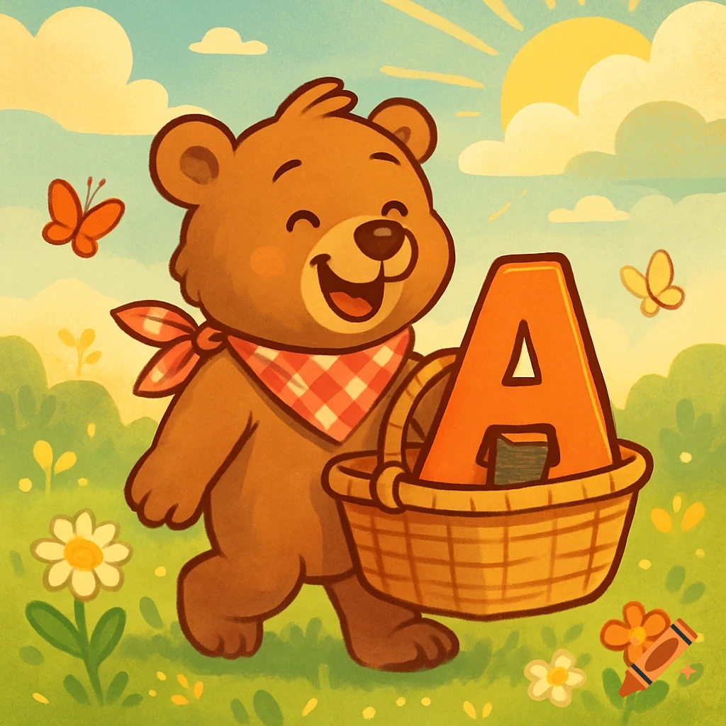 A happy cartoon bear in a bandana walks through a sunny meadow, carrying a picnic basket with a large orange letter A.