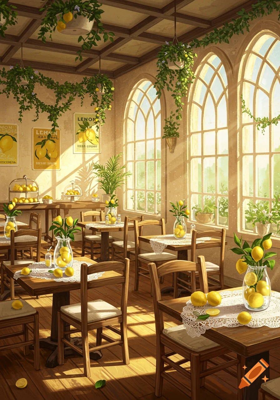A bright, sunlit cafe interior with wooden tables, chairs, arched windows, and numerous lemon plants and lemon-themed decor.