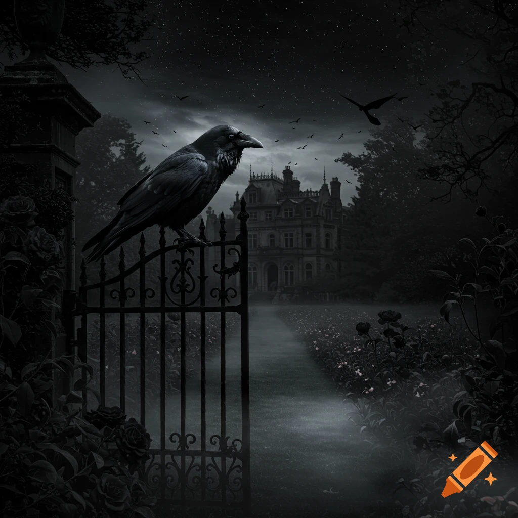 A large raven perches on an ornate gothic gate leading to a misty path and an eerie mansion under a starry night.