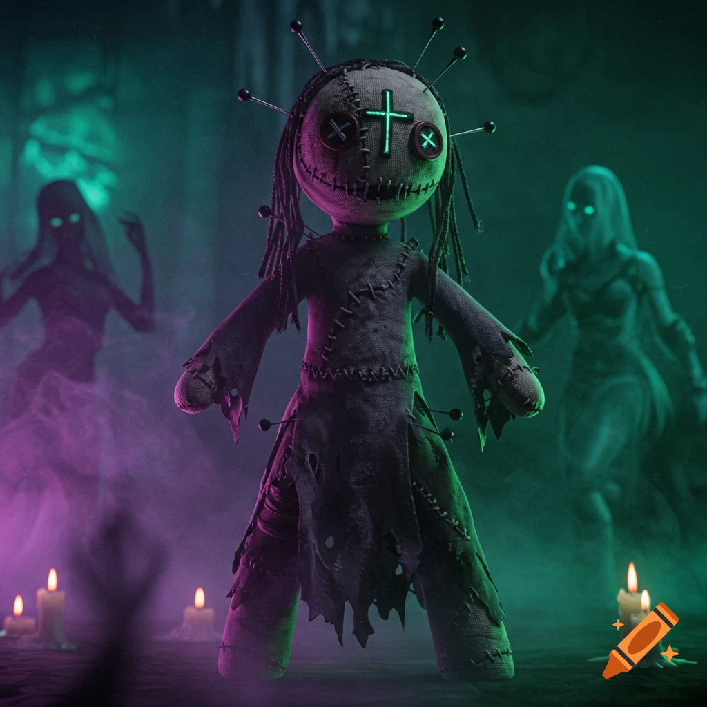 A dark, atmospheric image of a voodoo doll with glowing green symbols on its head, surrounded by candles and ghostly figures.