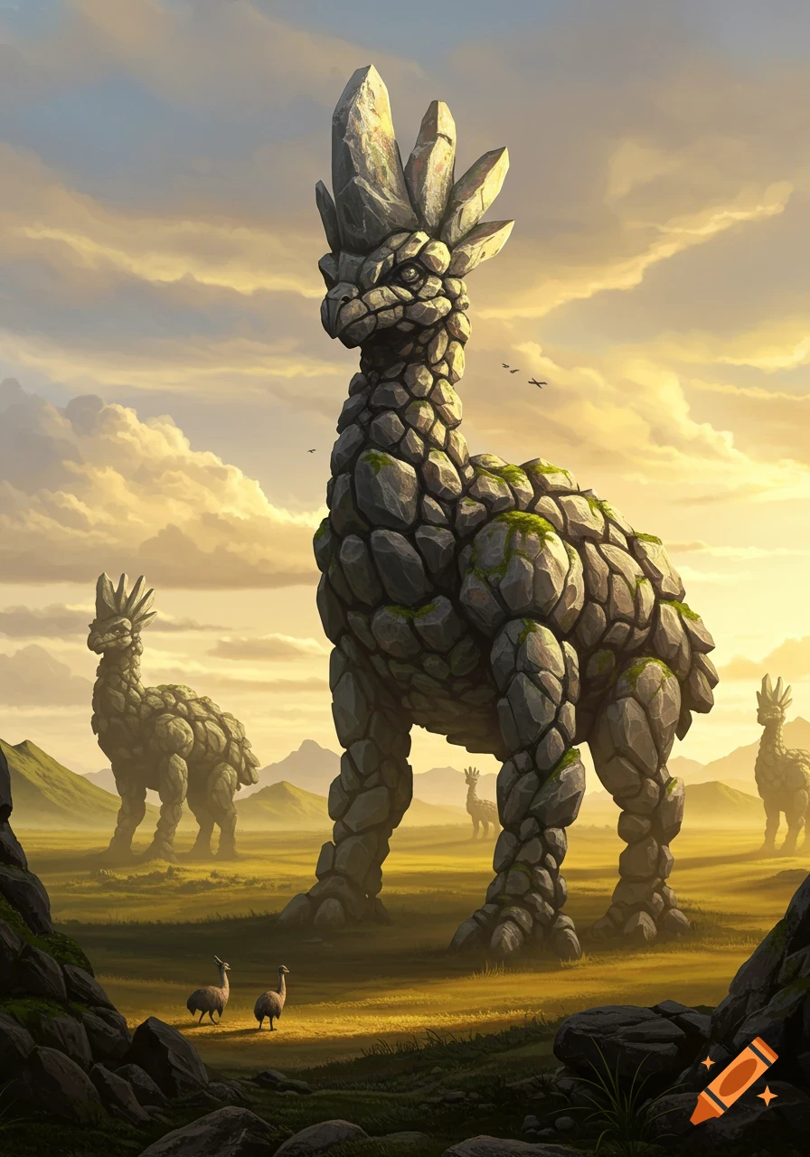 Giant rock creatures resembling llamas stand in a vast grassy landscape under a golden, cloudy sky, with mountains.