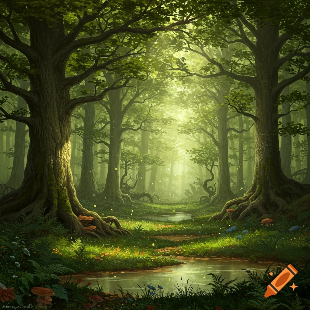 Lush, sunlit fantasy forest path with ancient trees, glowing plants, and a winding stream, digital painting.
