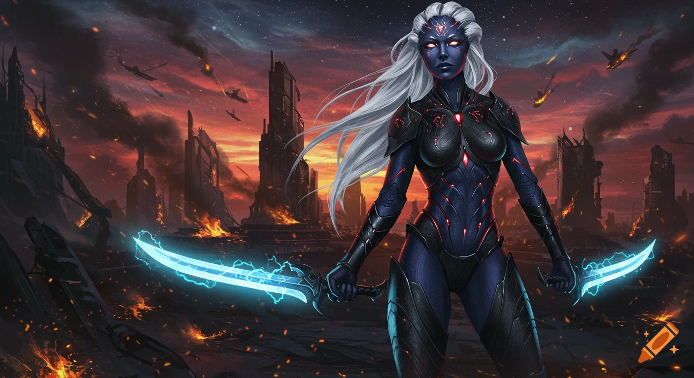 Blue-skinned alien warrior with white hair, red glowing eyes, wielding two electric blue plasma swords in a burning, war-torn city.