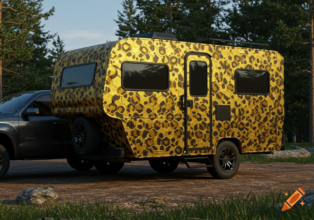 A pickup truck towing a camper van adorned with a gold and black leopard print design, parked in a forest setting.