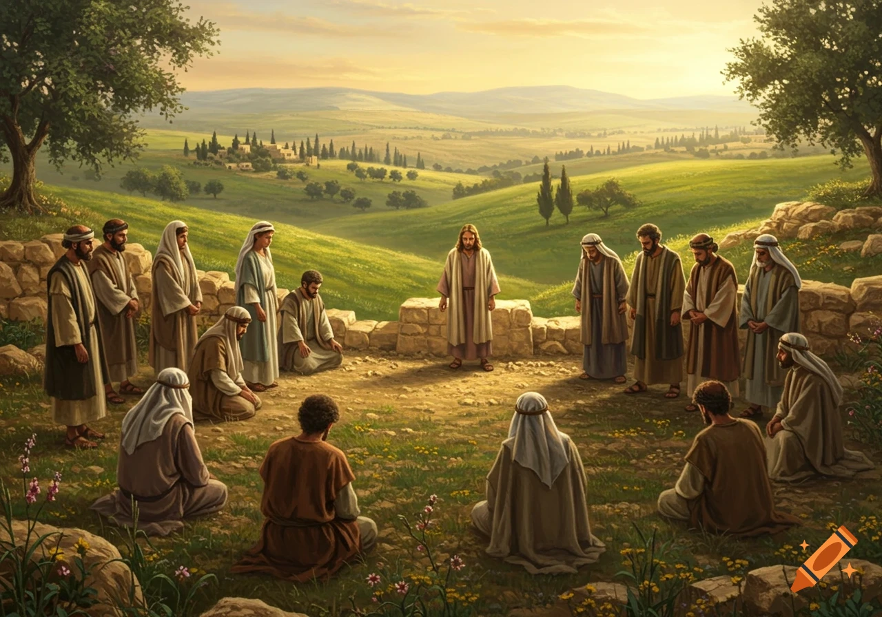 Jesus stands before his disciples in a verdant, hilly landscape with a village in the distance, a biblical scene.