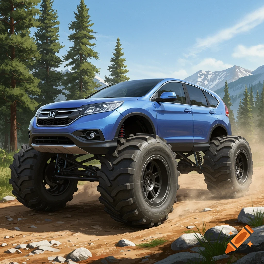 A blue Honda CRV with oversized monster truck tires drives on a dirt road through a forest with mountains in the background.