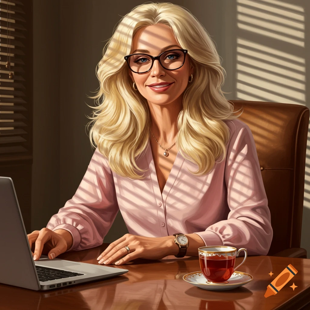 A blonde woman in a pink blouse and glasses smiles while typing on a laptop at a wooden desk, a cup of tea nearby. Realistic style.