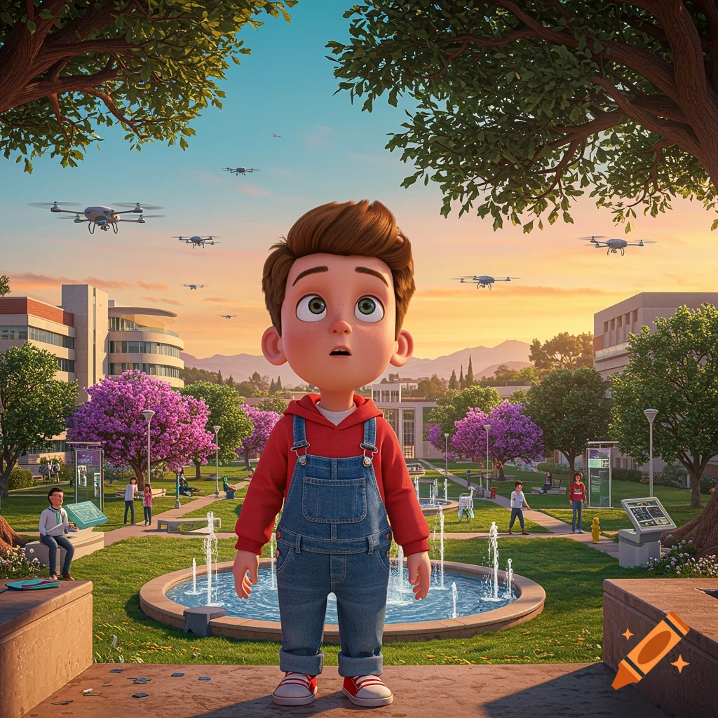 Animated boy in red hoodie and overalls looking up at drones flying over a sunny park with trees, fountains, and buildings.