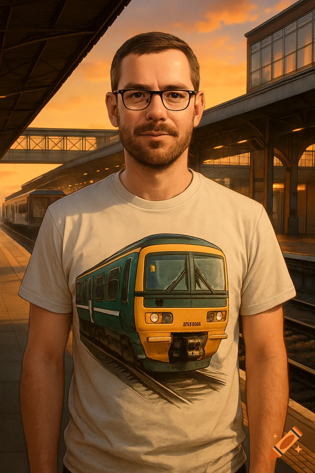 A man in glasses and a beard wears a t-shirt with a detailed train graphic, standing on a train station platform at sunset.