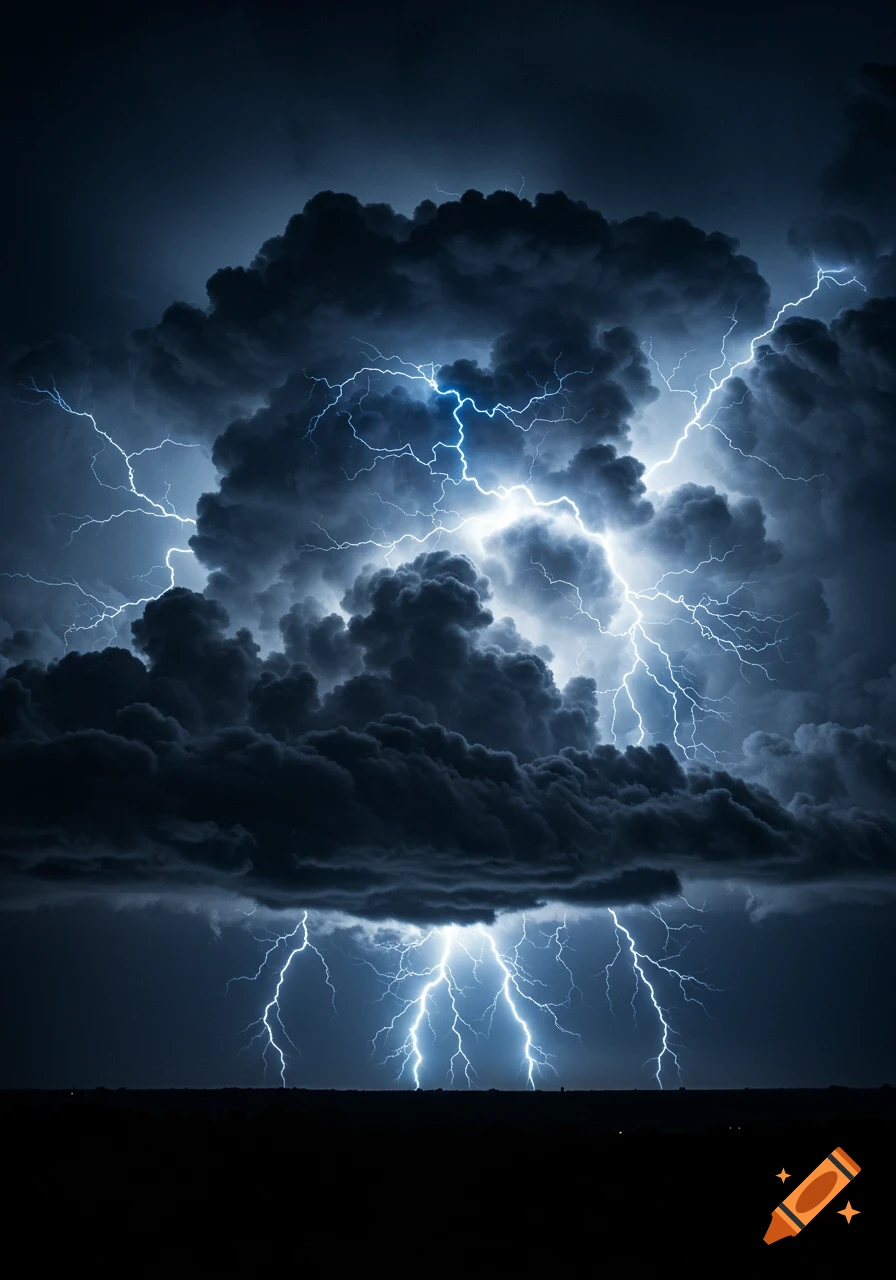 A dramatic photorealistic lightning storm with dark, turbulent clouds and multiple bright lightning strikes over a dark horizon.