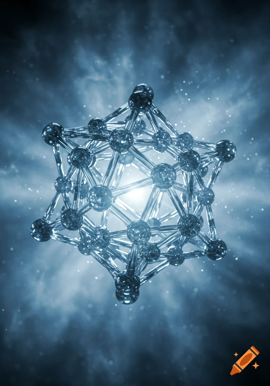 A glowing, intricate 3D molecular structure of interconnected spheres and rods against a dark, starry, nebulous background.