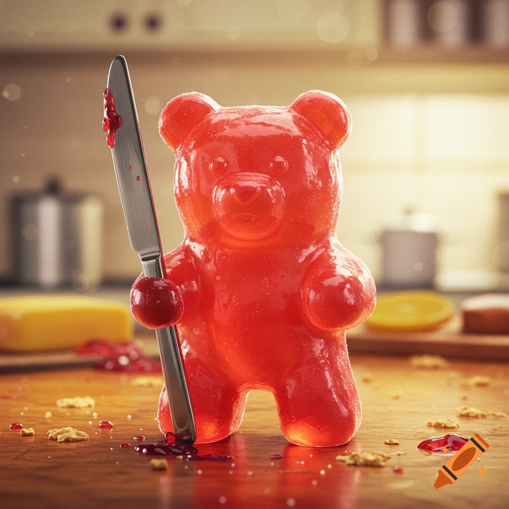 Photorealistic image of a large red gummy bear holding a butter knife with red jelly on it, standing on a wooden table with crumbs.