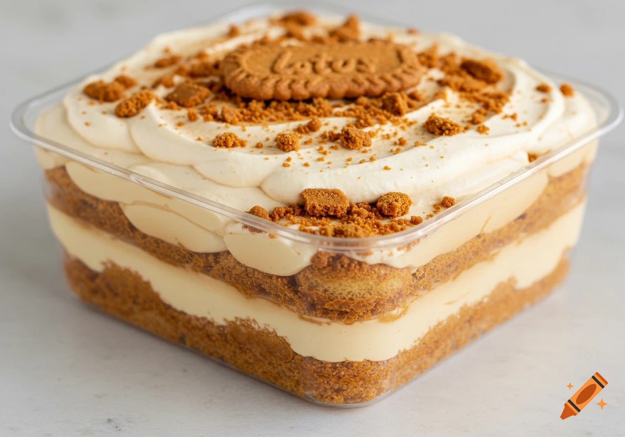 Photorealistic close-up of a layered Biscoff tiramisu in a clear plastic container, topped with whipped cream, cookie crumbles, and a Lotus Biscoff cookie.