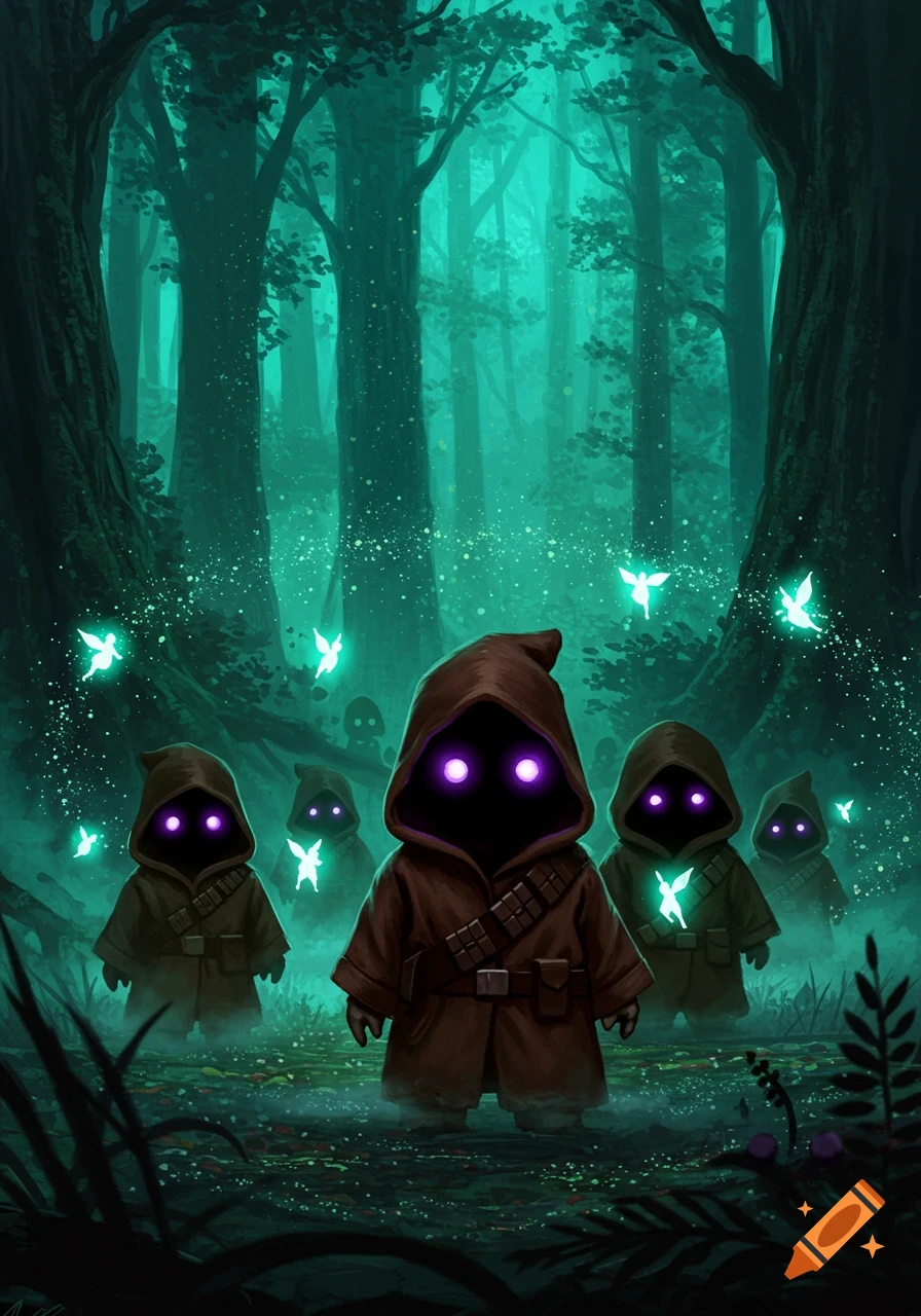Brown hooded creatures with glowing purple eyes stand in a mystical, turquoise forest with glowing fairies.