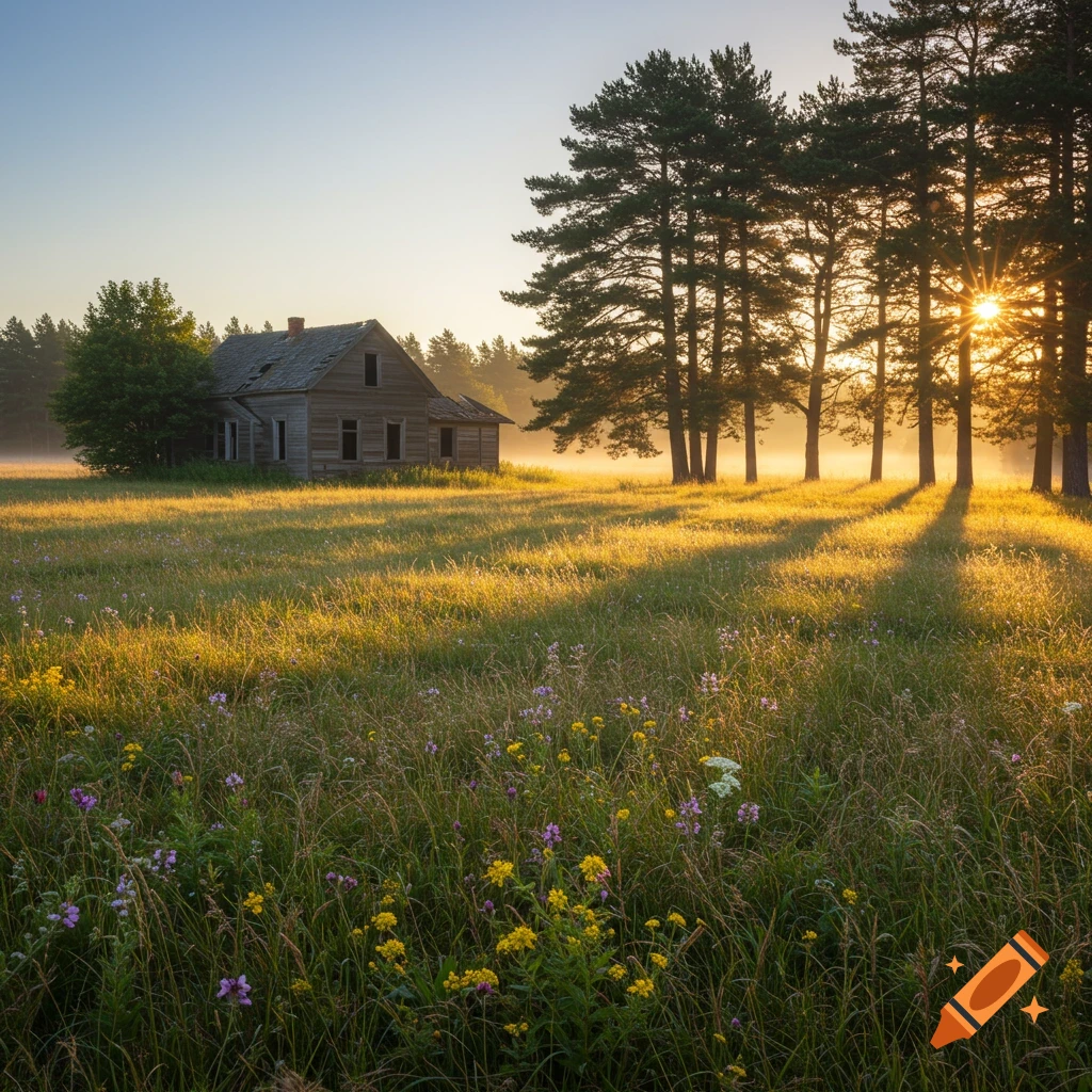 Photorealistic image of a weathered farmhouse in a golden sunlit field with pine trees and wildflowers at sunrise.