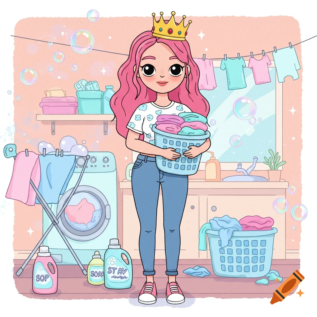 Cartoon girl with pink hair and crown holds laundry basket in a cheerful laundry room with clotheslines and bubbles.