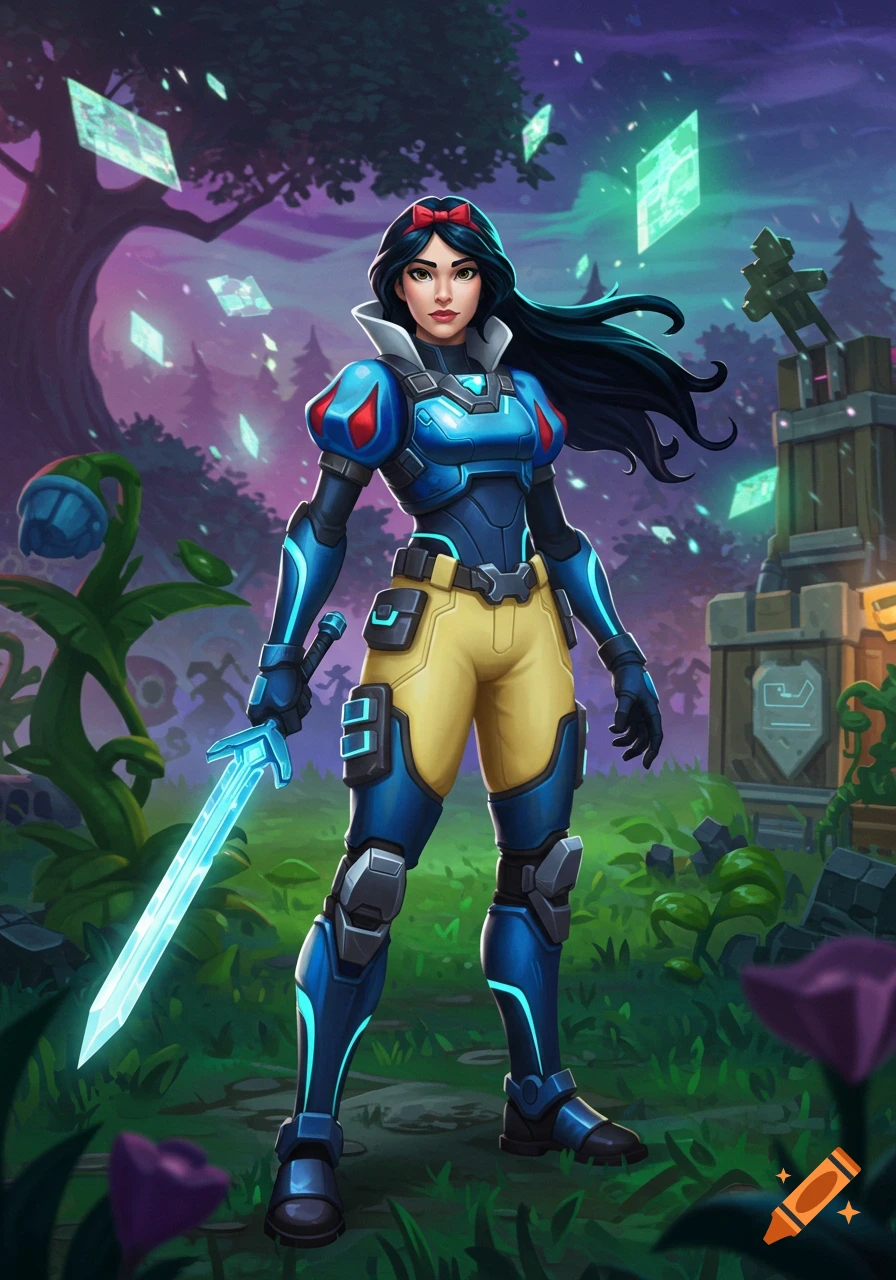Stylized illustration of Snow White in blue and yellow sci-fi armor, holding a glowing sword in a fantastical forest.