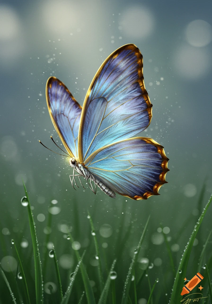 A vibrant blue and gold butterfly hovers over dewy green grass with a soft, bokeh background.