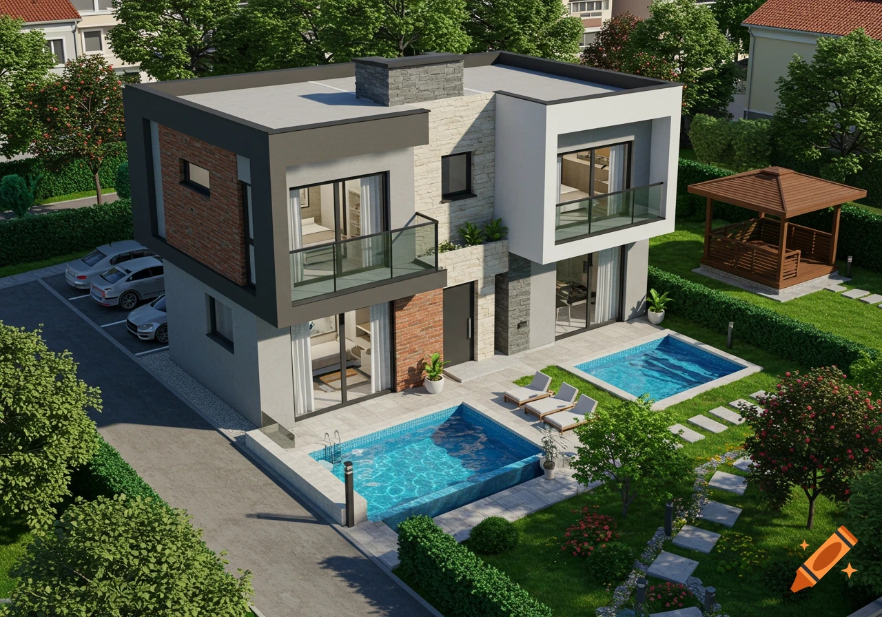 An aerial view of a modern two-story duplex villa with two swimming pools, a green lawn, garden, and a wooden gazebo.