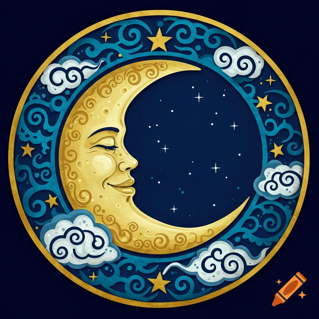 Stylized smiling crescent moon and starry night sky in an ornate blue and gold circular frame.