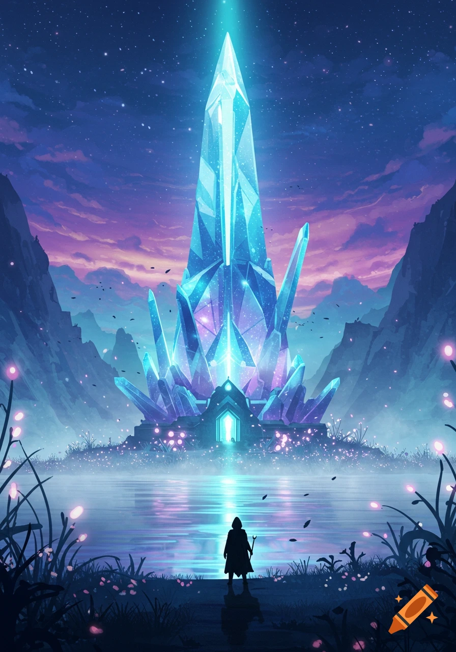 Fantasy digital art of a hooded figure before a large, glowing crystal by a lake under a starry twilight sky.