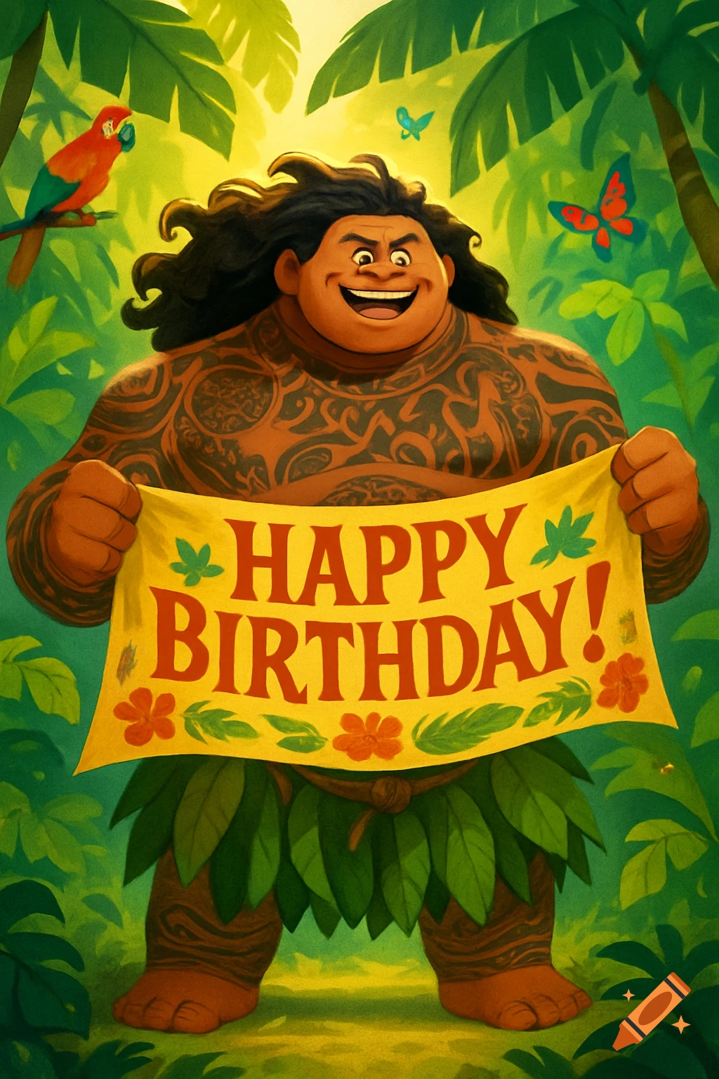 Cartoon Maui from Moana holds a yellow 'Happy Birthday!' banner in a lush green jungle with a parrot and butterflies.