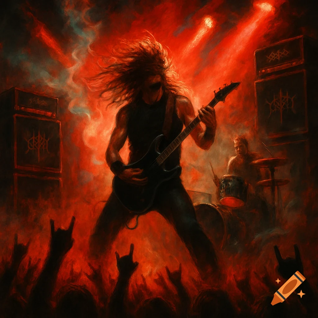 A metal guitarist performs on stage under intense red lights, with a drummer and crowd making rock-on gestures. Dark, painterly style.