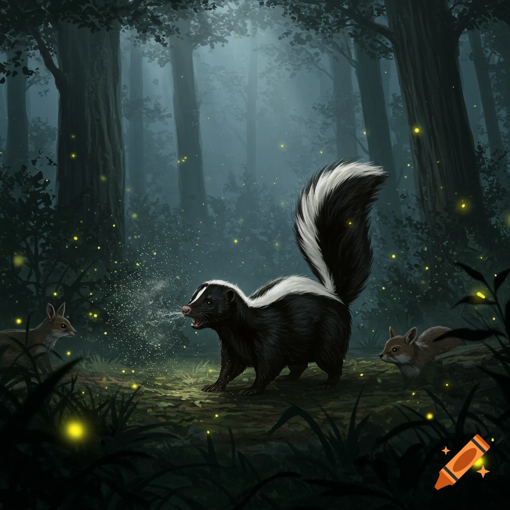 A skunk sprays white mist in a dark, misty forest illuminated by glowing fireflies, with two small foxes nearby, digital painting.