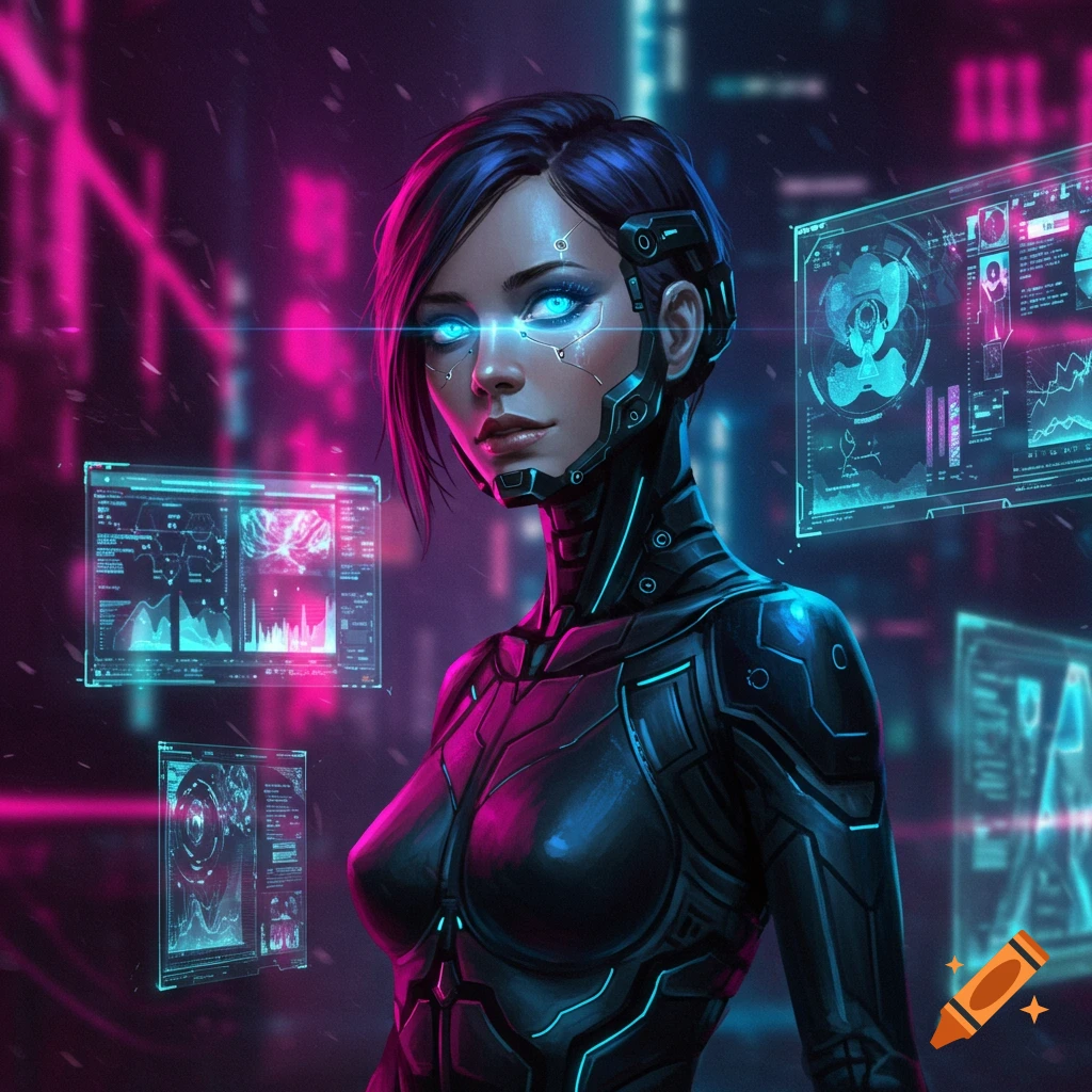 A cyberpunk woman with glowing blue eyes in a black futuristic suit stands in a neon-lit environment with holographic screens.
