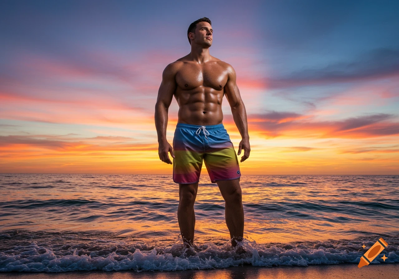 Photorealistic image of a muscular man in colorful swim trunks standing in the ocean at sunset.