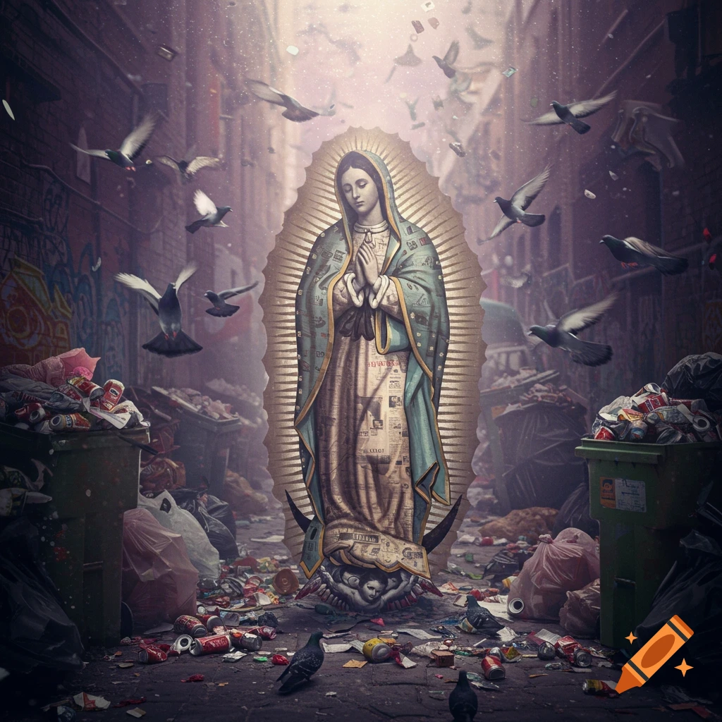 Our Lady of Guadalupe figure in robes patterned with newspaper stands with a halo in a trash-filled urban alley with pigeons flying around.