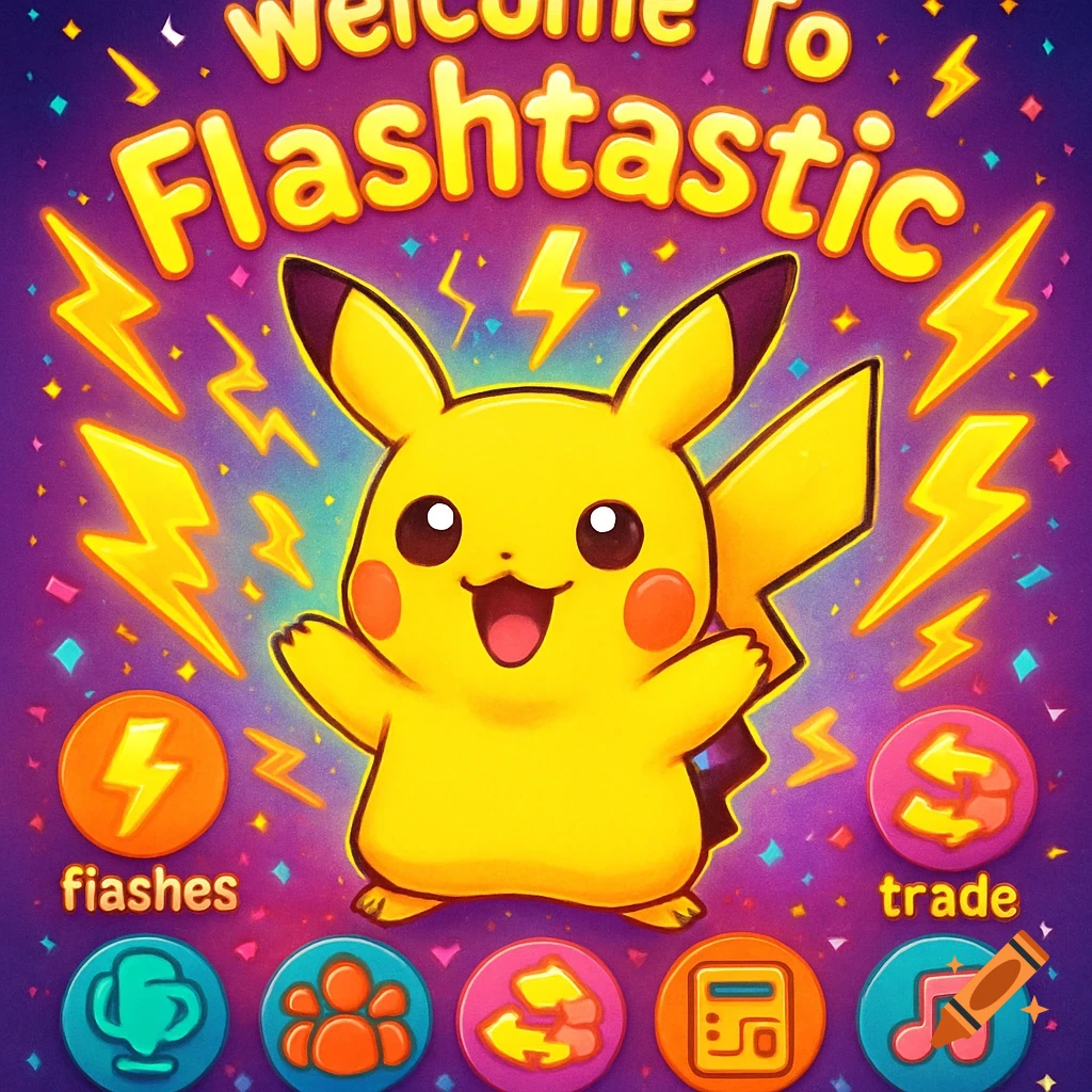 A colorful illustration features a kawaii Pikachu with lightning bolts and confetti. Text reads "Welcome To Flashtastic" and "fiashes", "trade" alongside various app icons.