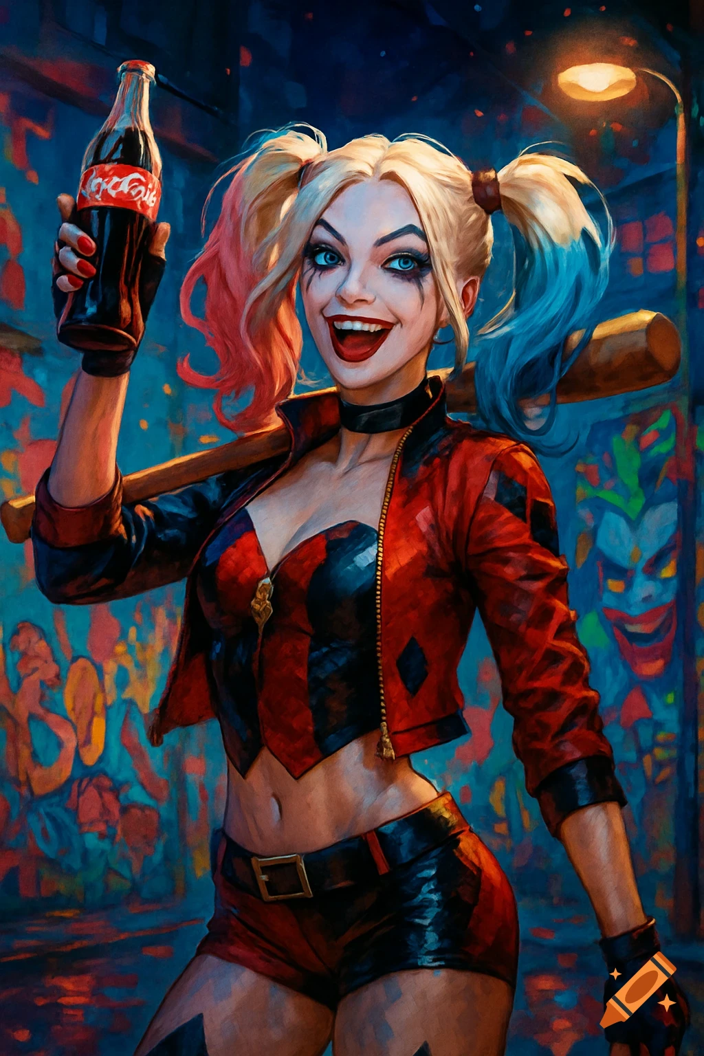 Vibrant comic art of Harley Quinn smiling, holding a Coca-Cola bottle and a baseball bat on a graffiti-filled city street at night.