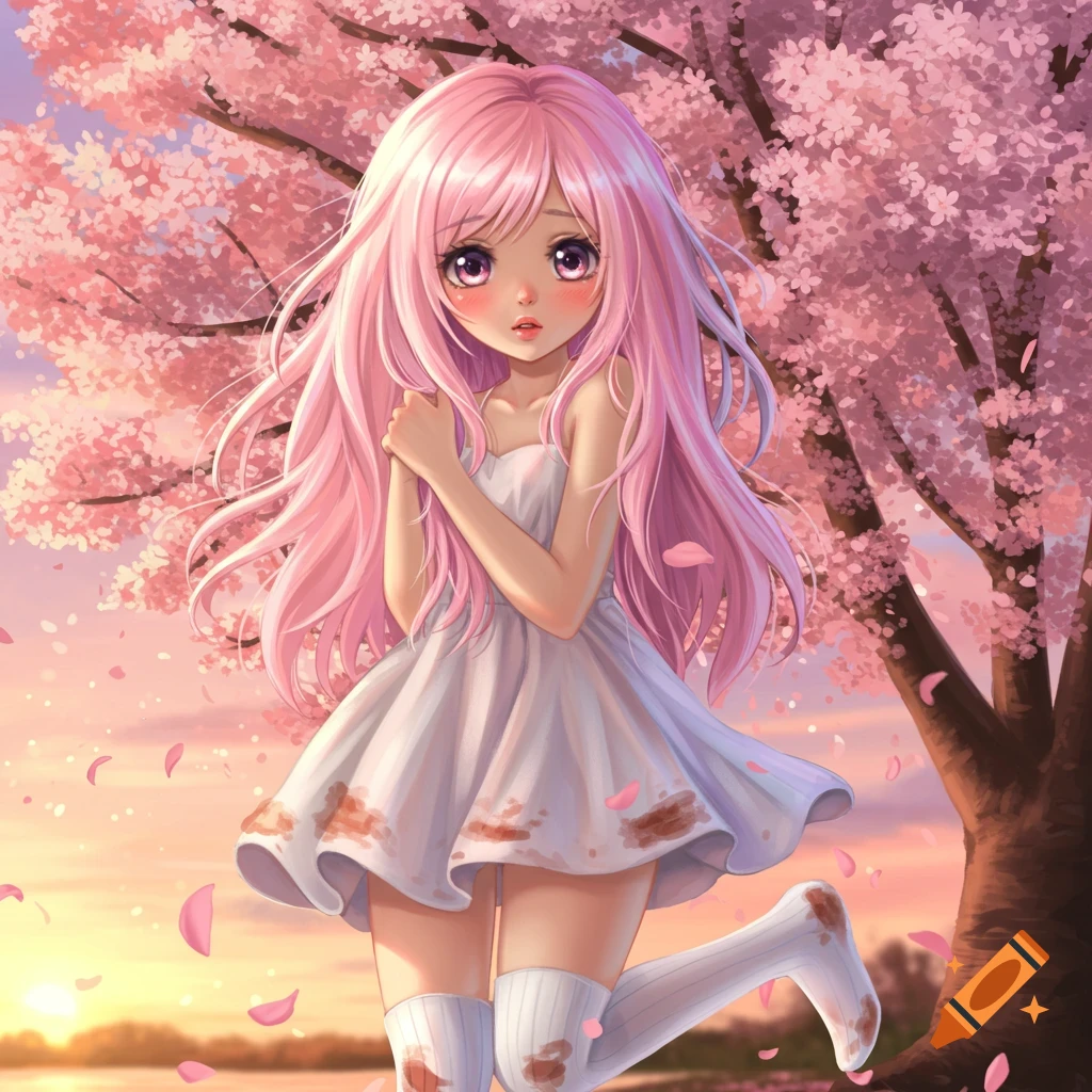 Anime girl with long pink hair, a white dress, and dirty socks stands under a cherry blossom tree at sunset.