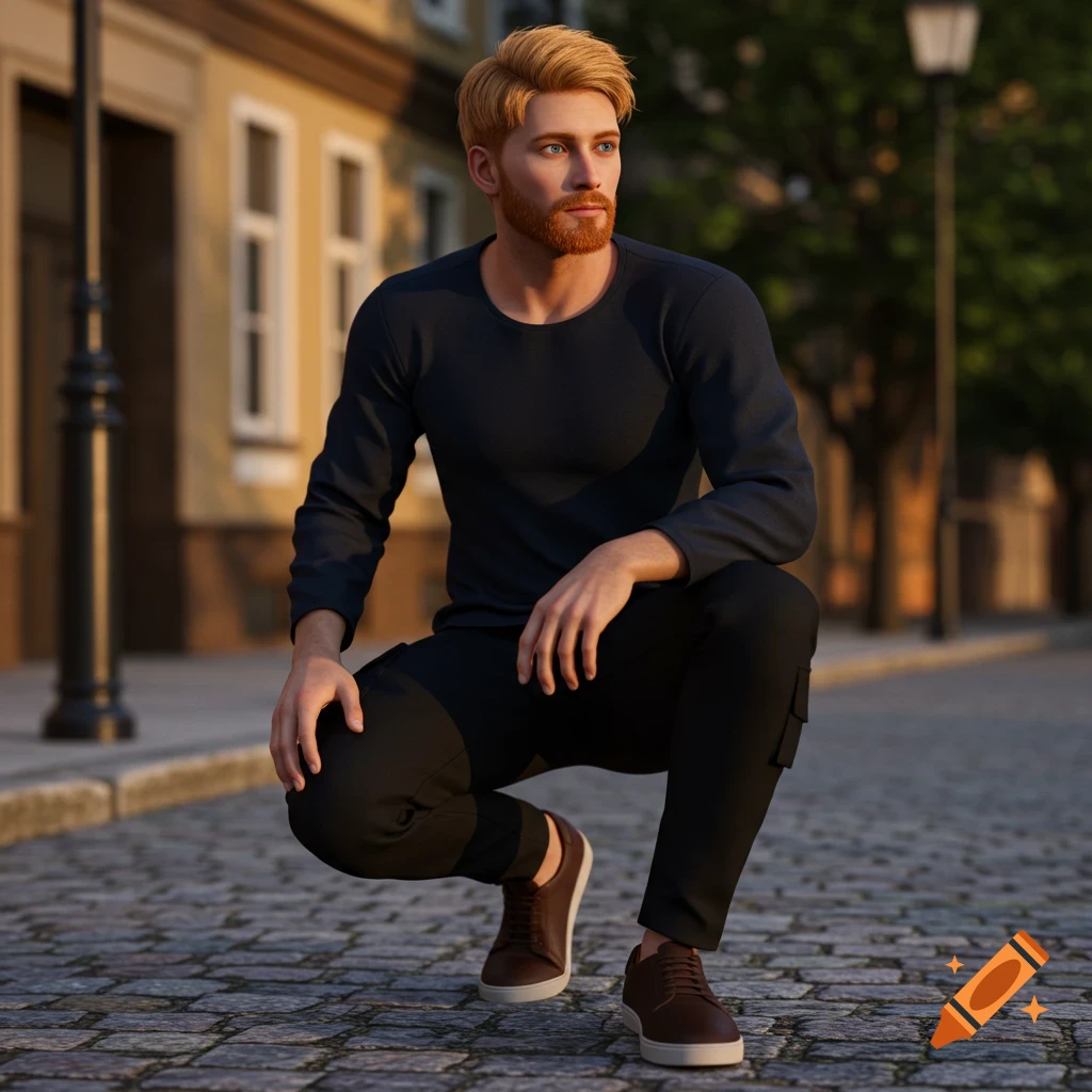 A photorealistic man with blond hair and a ginger beard crouches on a cobblestone street, wearing a dark shirt, black cargo pants, and brown sneakers.