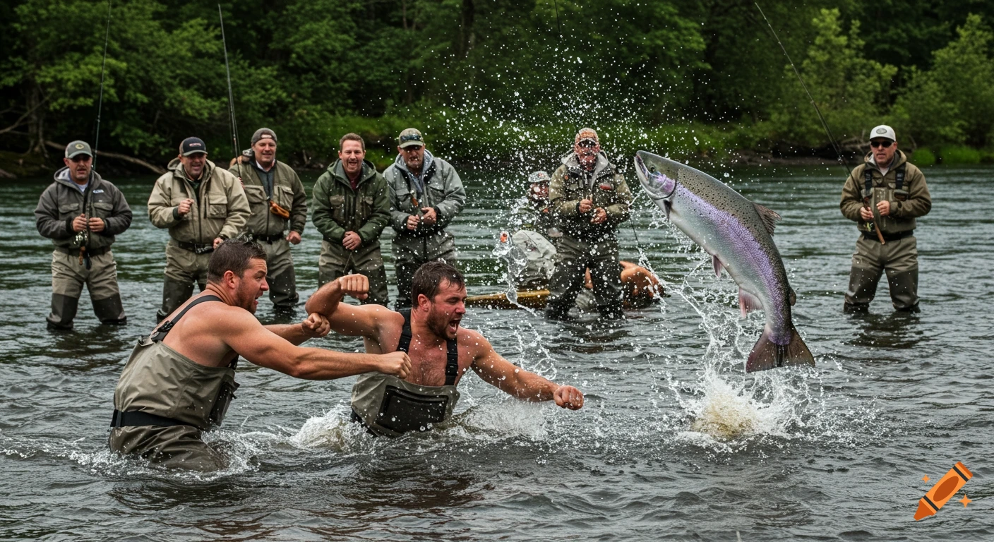 Photorealistic dynamic scene of a salmon leaping, two men fighting in a river with other fishermen.