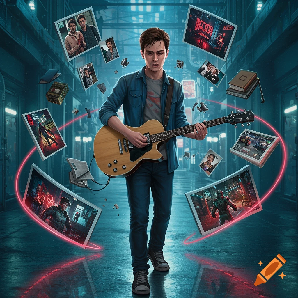 A young man playing a guitar in a futuristic alley, surrounded by floating photos of family, games (DOOM), and school items, connected by red neon lines. Digital art style.
