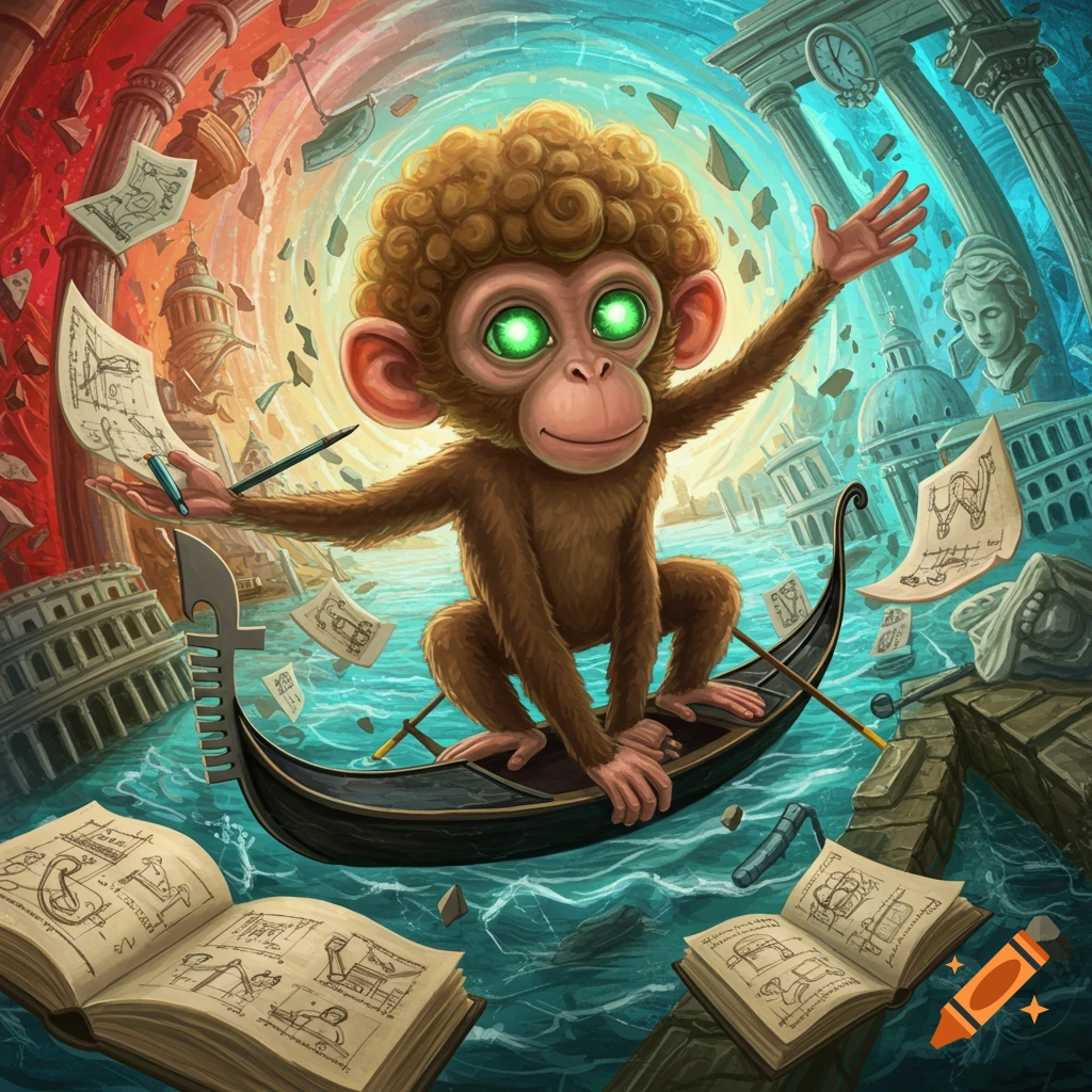 A whimsical cartoon monkey with glowing green eyes surfs on a gondola through a chaotic, surreal Venice-like landscape with crumbling architecture and floating papers. Styled as an illustration.