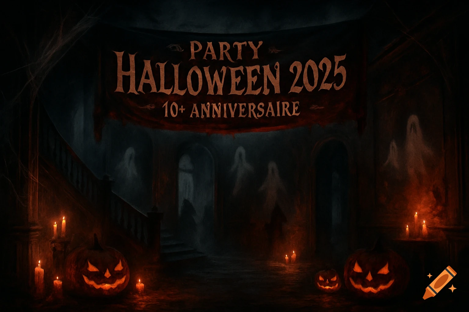 A dark, spooky Halloween party scene with glowing jack-o'-lanterns, candles, and ghostly figures in a haunted mansion. A banner reads "PARTY HALLOWEEN 2025 10+ ANNIVERSAIRE".