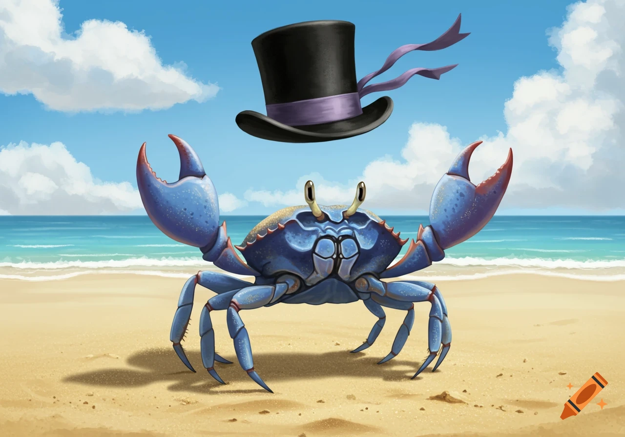 A whimsical blue crab wearing a black tophat stands on a sunny beach with the ocean and sky in the background, illustrated.