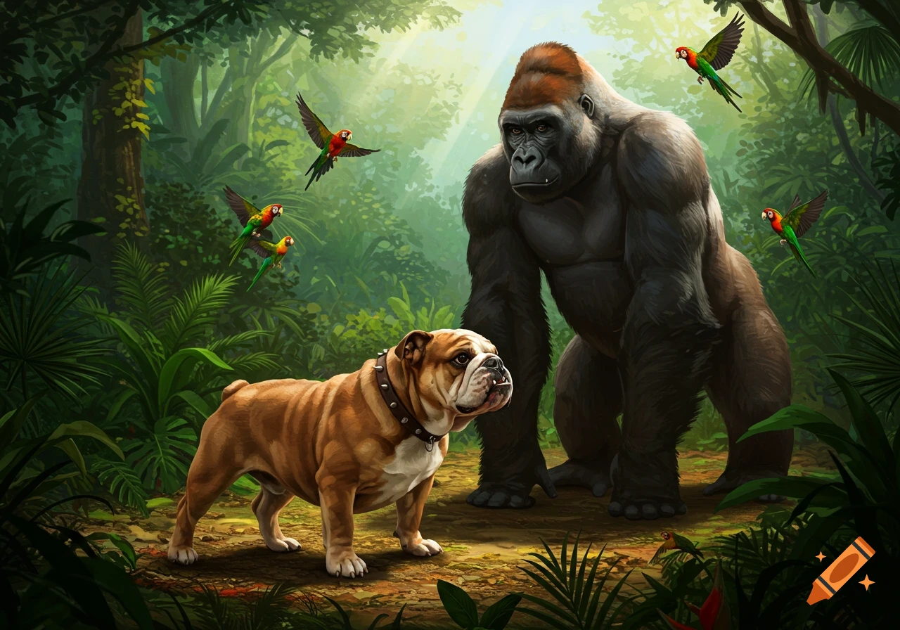 A large bulldog and a gorilla stand in a lush jungle, with parrots flying around, in a stylized illustration.