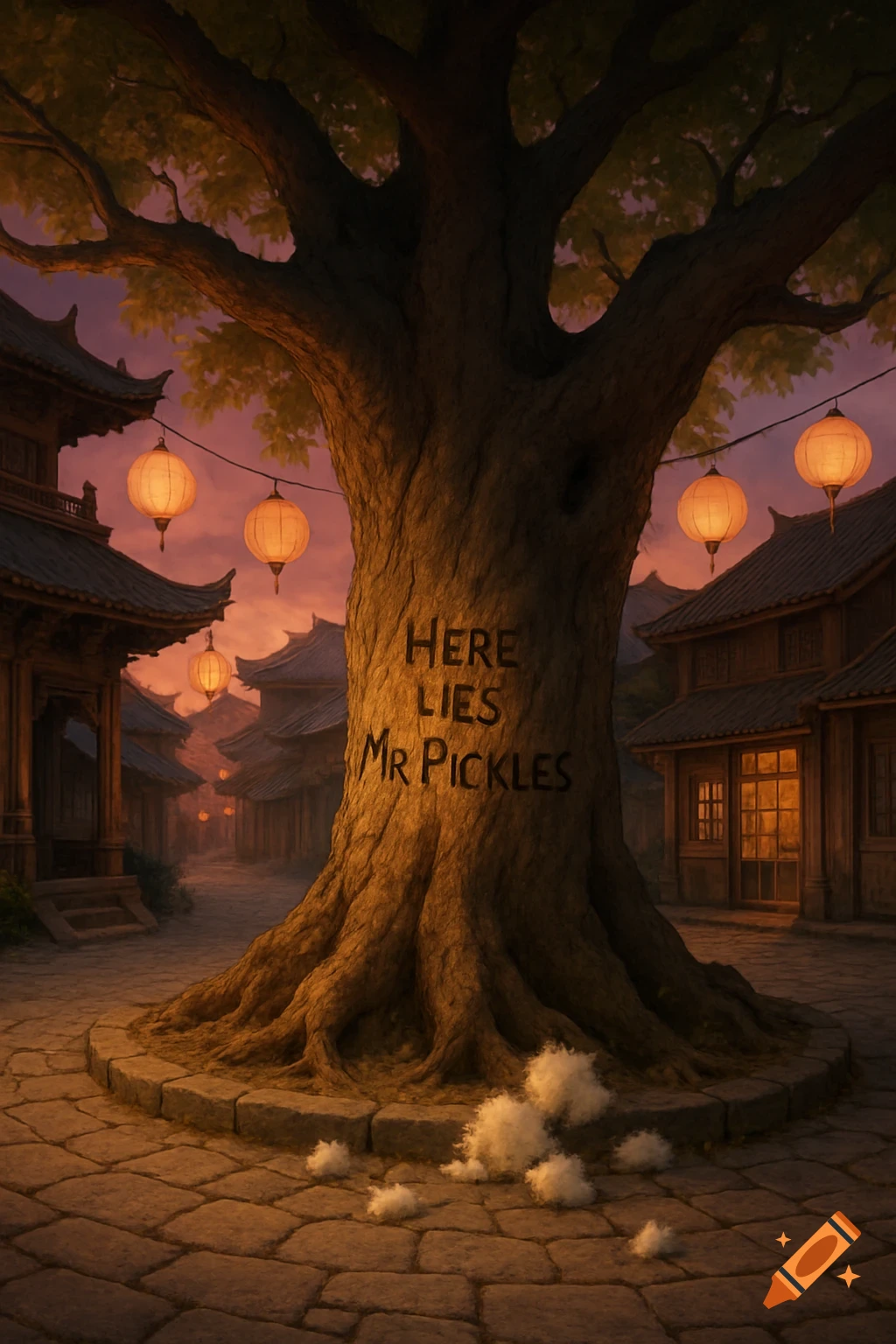 A large tree with 'HERE LIES MR PICKLES' carved into its trunk stands in an oriental village street lit by lanterns, with fluff on the ground.
