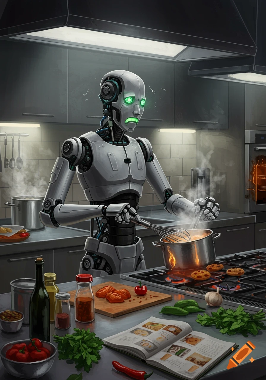 A stressed robot with glowing green eyes stirring a pot in a sleek kitchen, with burnt food on the stove. Digital illustration.