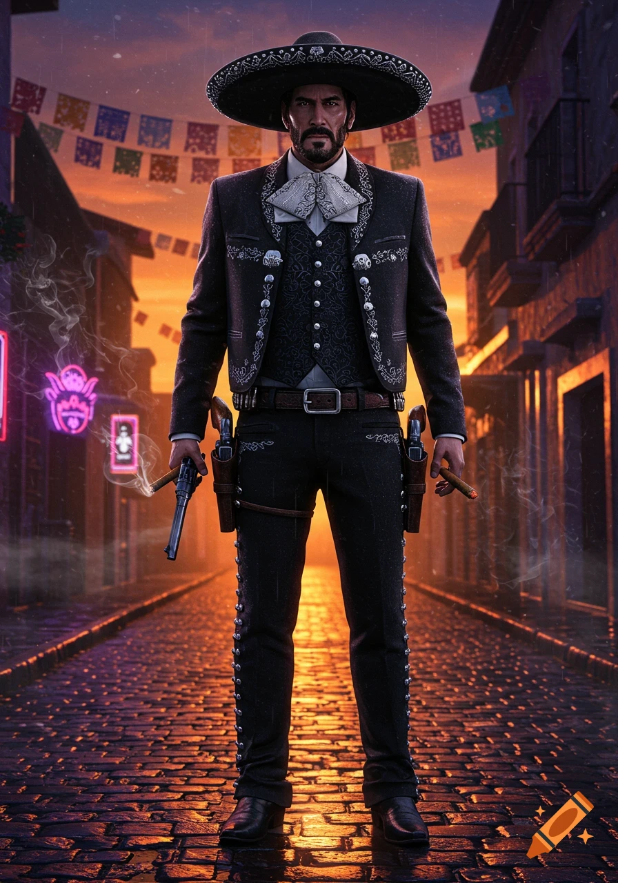 A man in a charro suit, holding a pistol and cigar, stands on a wet street at sunset under colorful banners and neon lights.