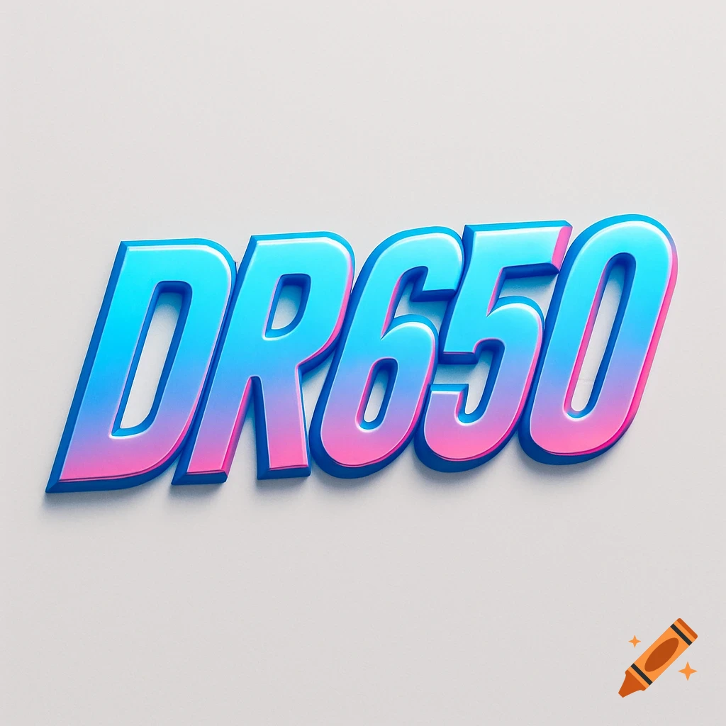 3D bold italic text 'DR650' with a blue to pink gradient, outlined in dark blue, casting a shadow on a light gray background.